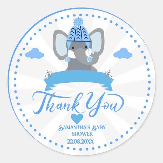 Personalized Rustic Blue Elephant  boy Baby Shower Classic Round Sticker (Front)