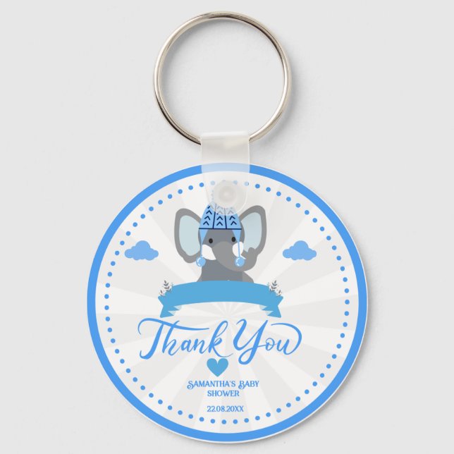 Personalized Rustic Blue Elephant  boy Baby Shower Keychain (Front)