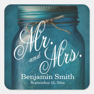 Personalized Rustic Blue Glass Mason Jar Wedding Square Sticker