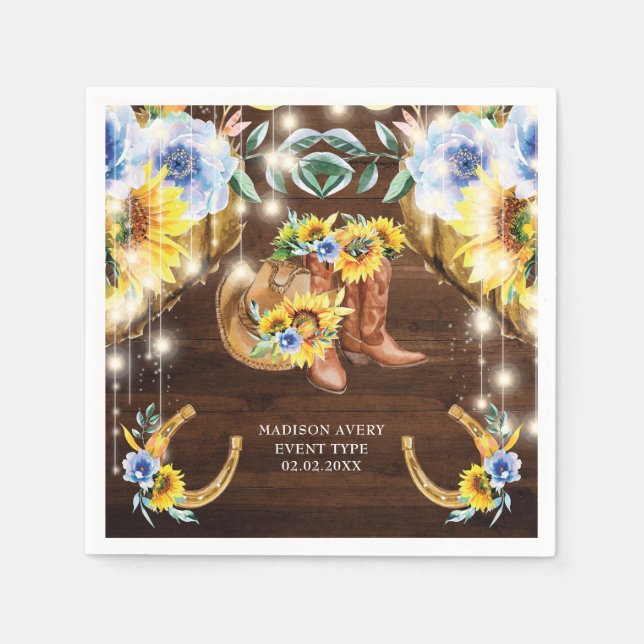 Personalized Rustic Boots Floral String Lights  Napkin (Front)