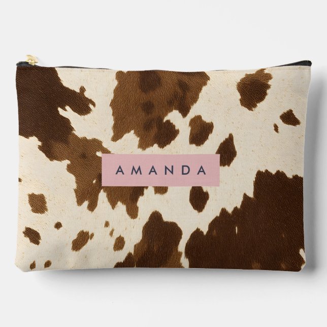 Personalized Rustic Brown Cowhide Print Accessory Pouch (Front)