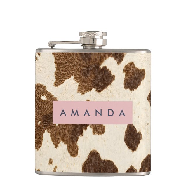 Personalized Rustic Brown Cowhide Print Hip Flask (Front)