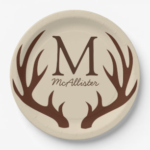 Personalized - Rustic Brown Deer Antlers Ecru Paper Plate