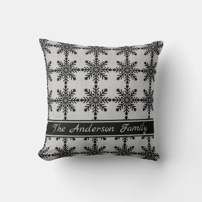 Personalized Rustic Burlap Black Snowflake Pattern Throw Pillow (Front)