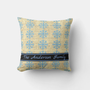 Personalized Rustic Burlap Blue Snowflake Pattern Throw Pillow