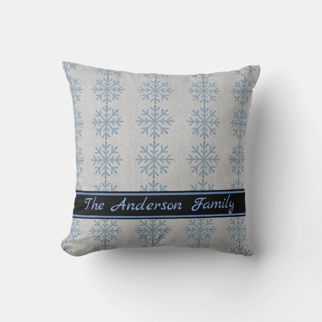 Personalized Rustic Burlap Blue Snowflake Pattern Throw Pillow (Front)