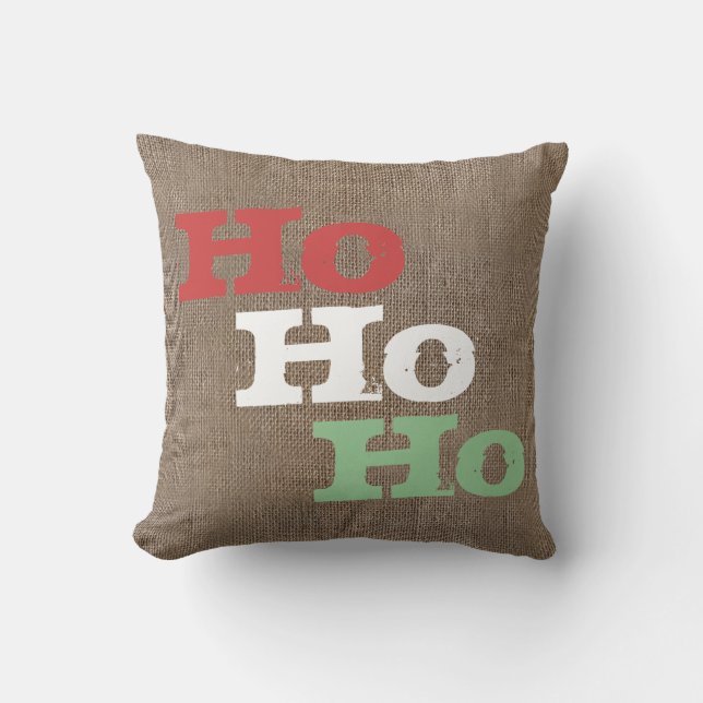 Personalized Rustic Burlap-Look Christmas Ho Ho Ho Throw Pillow (Front)