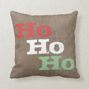 Personalized Rustic Burlap-Look Christmas Ho Ho Ho Throw Pillow