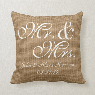Personalized Rustic Burlap-Look Wedding Pillow