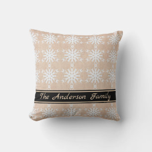 Personalized Rustic Burlap White Snowflake Pattern Throw Pillow