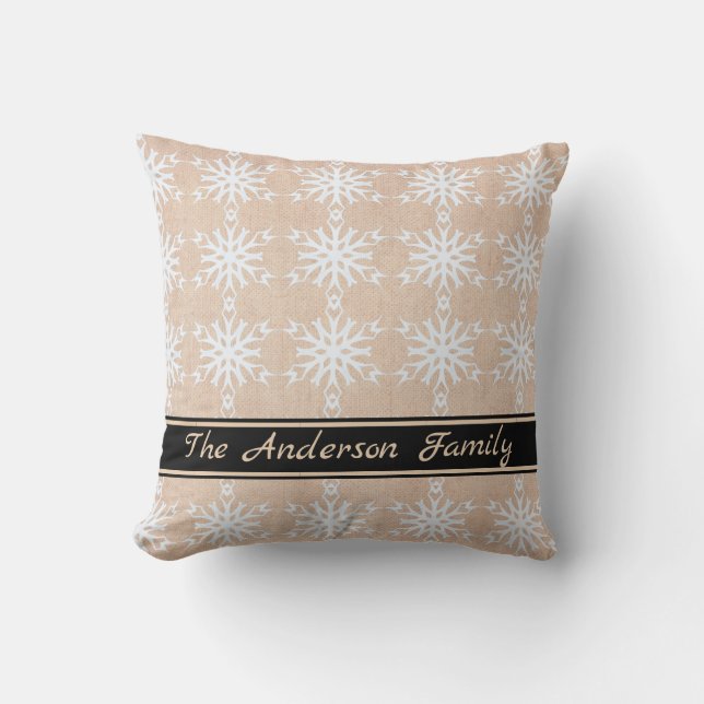 Personalized Rustic Burlap White Snowflake Pattern Throw Pillow (Front)
