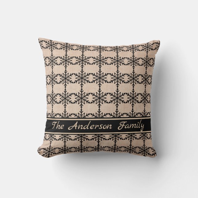 Personalized Rustic Burlap White Snowflake Pattern Throw Pillow (Front)