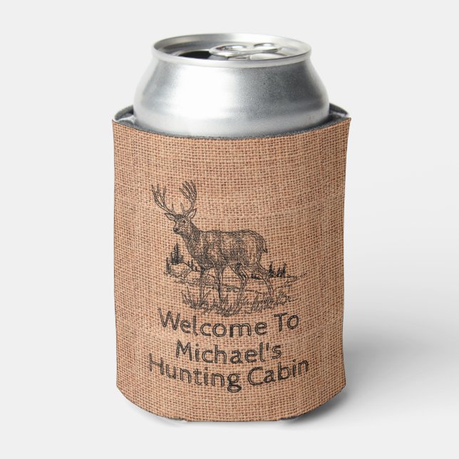 Personalized Rustic Burlap with Deer Illustration Can Cooler (Can Front)