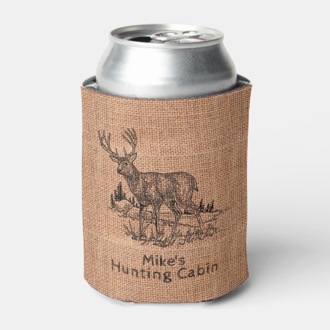 Personalized Rustic Burlap with Deer Illustration  Can Cooler (Can Front)