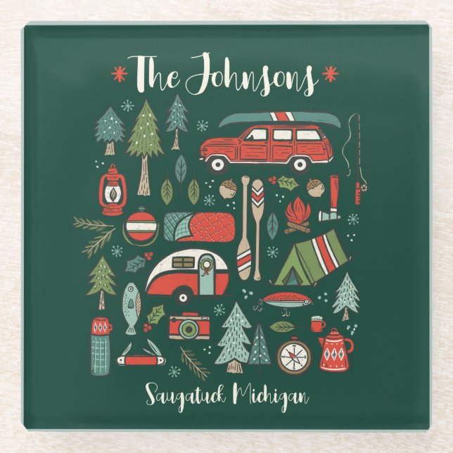 Personalized Rustic Christmas Camping Lake House Glass Coaster (Front)