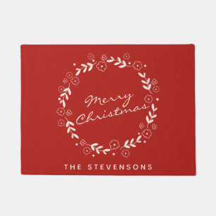 Personalized Rustic Christmas Wreath in Red  Doormat