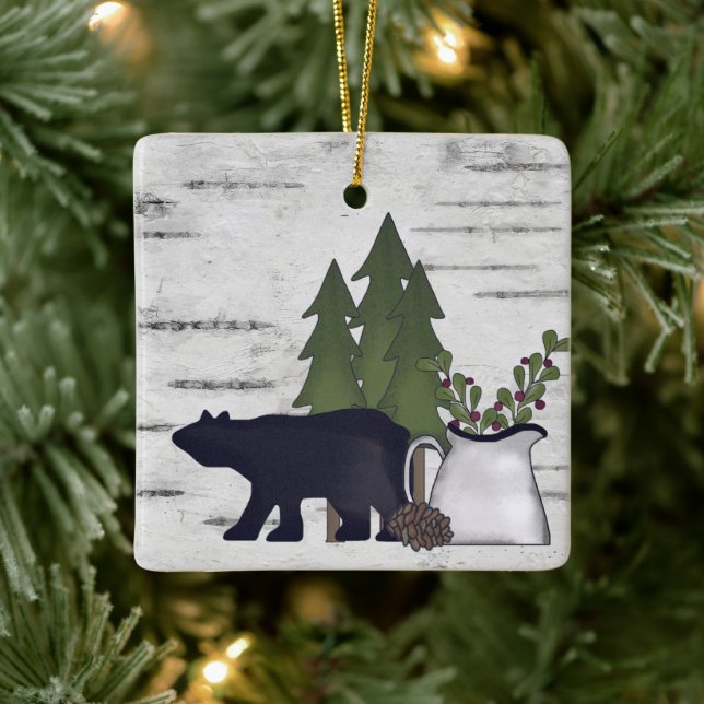 Personalized Rustic Country Bear Birch Christmas Ceramic Ornament (Tree)