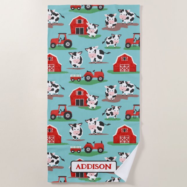 Personalized Rustic Cow Farm Blue and Red Kids Beach Towel (Front)