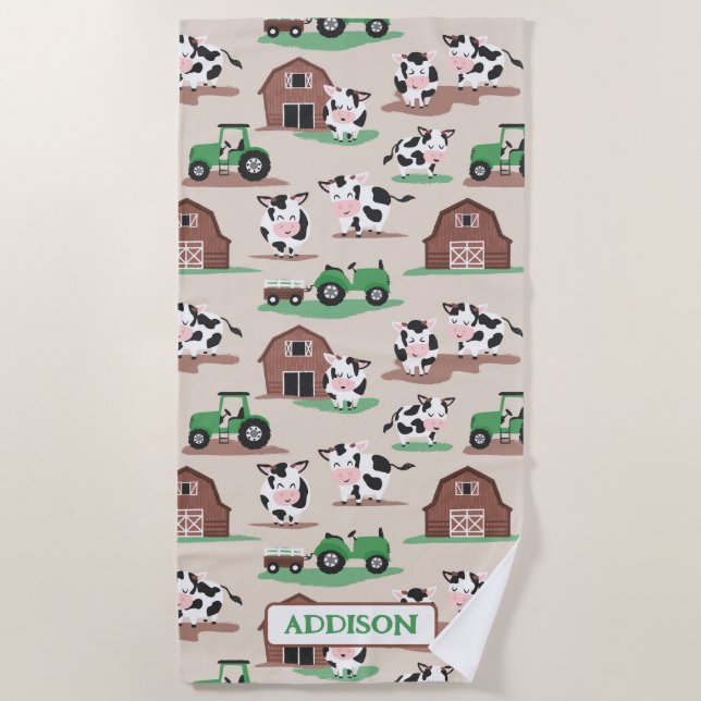 Personalized Rustic Cow Farm Tan and Green Beach Towel (Front)