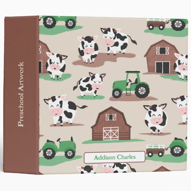 Personalized Rustic Cow Farm Tan and Green Kids Binder (Front/Spine)