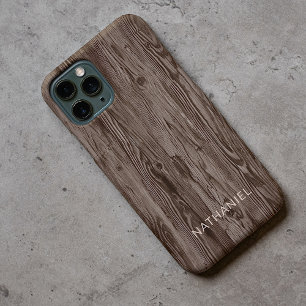 Personalized Rustic Dark Brown Faux Woodgrain iPhone 11 Pro Case