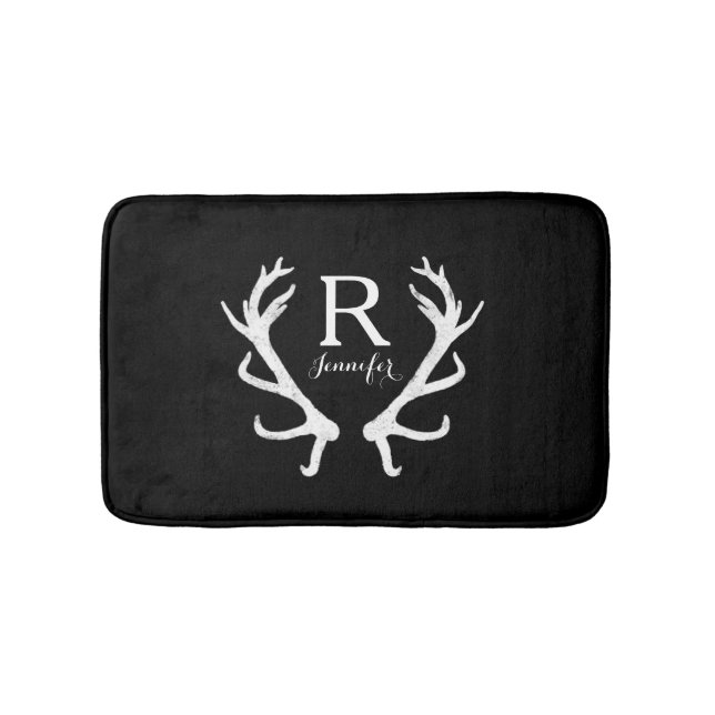 Personalized Rustic Deer Antlers Monogram Bath Mat (Front)