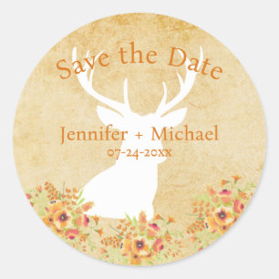 Personalized Rustic Deer Bouquet Save the Date Classic Round Sticker