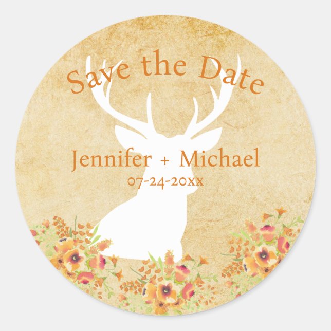 Personalized Rustic Deer Bouquet Save the Date Classic Round Sticker (Front)