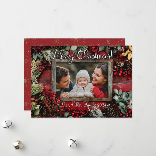Personalized Rustic Family Christmas Photo Card (Front/Back In Situ)