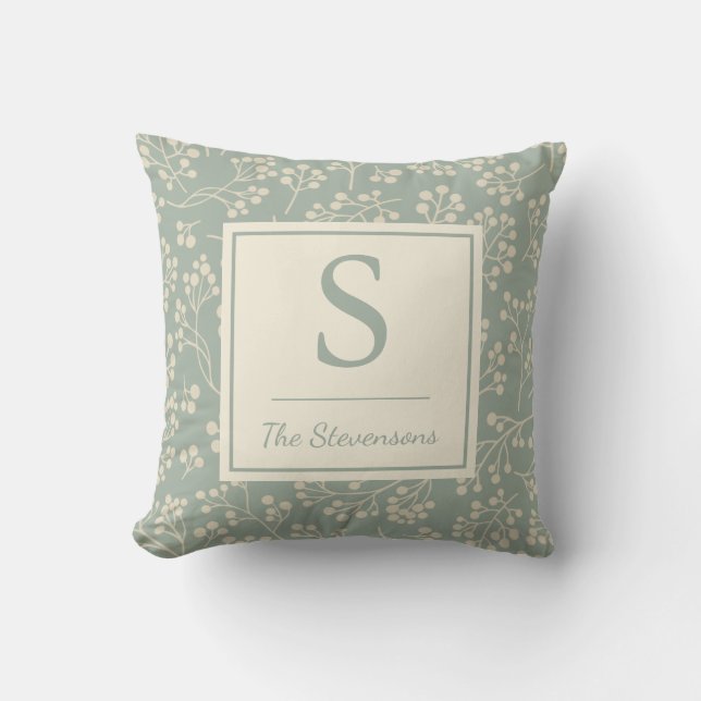 Personalized Rustic Farmhouse Botanical Sage Green Throw Pillow (Front)