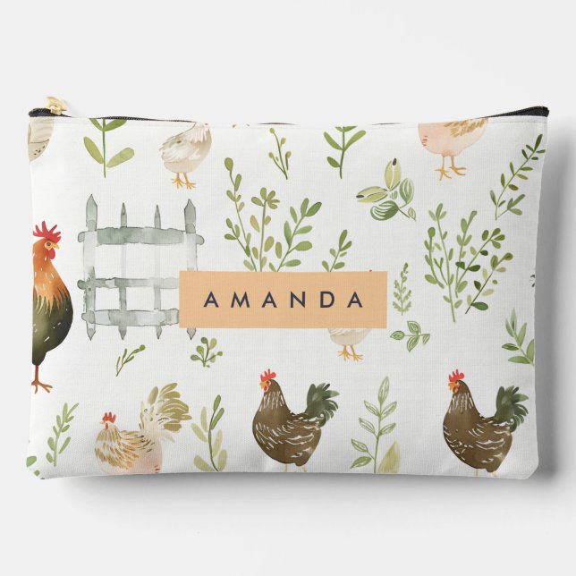 Personalized Rustic Farmhouse Chicken & Greenery Accessory Pouch (Front)