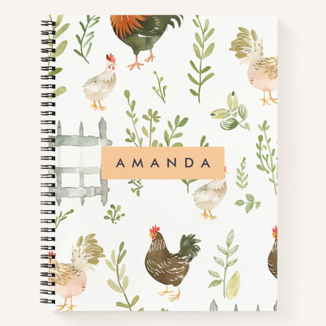Personalized Rustic Farmhouse Chicken & Greenery Notebook (Front)