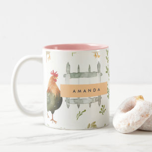 Personalized Rustic Farmhouse Chicken & Greenery Two-Tone Coffee Mug