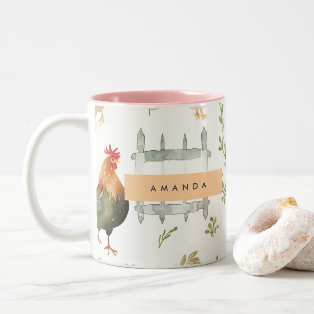 Personalized Rustic Farmhouse Chicken & Greenery  Two-Tone Coffee Mug (With Donut)