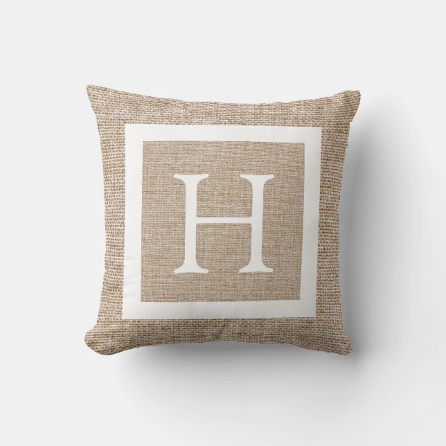 Personalized Rustic Faux Burlap Monogram Throw Pillow (Front)
