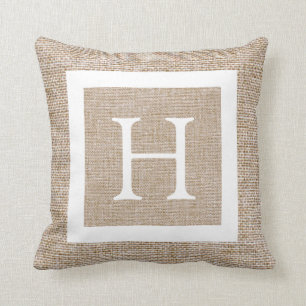 Personalized Rustic Faux Burlap Monogram Throw Pillow