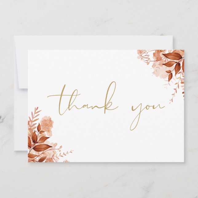 Personalized Rustic Floral Elegant Gold Script Thank You Card (Front)