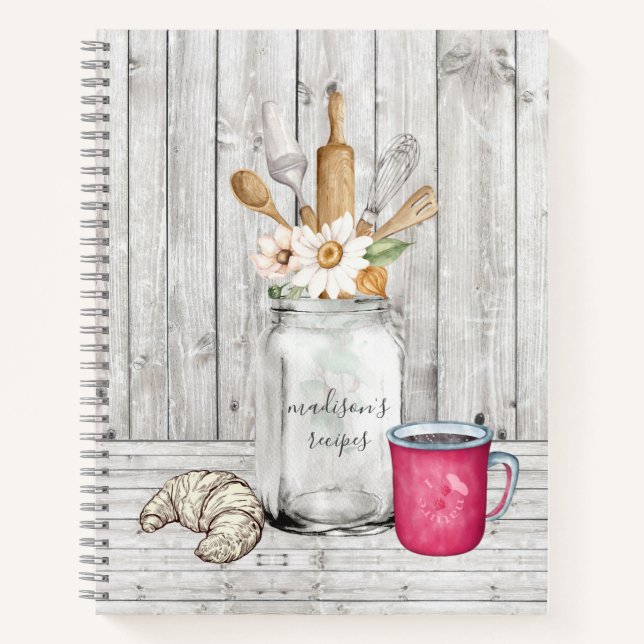 Personalized Rustic Floral Mason Jar Wood Recipe Notebook (Front)