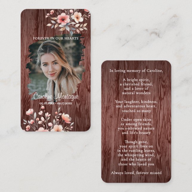 Personalized Rustic Floral Photo Memorial Card (Front/Back)