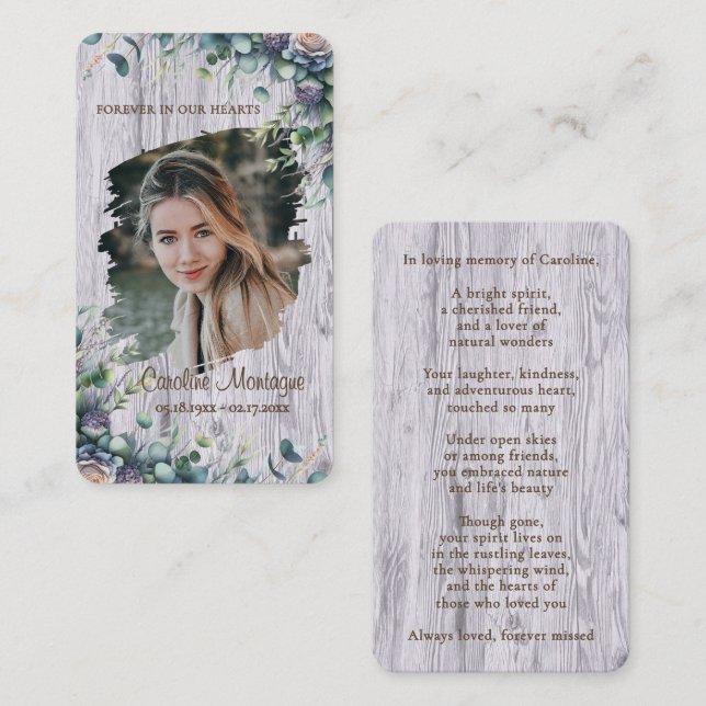 Personalized Rustic Floral Photo Memorial Card (Front/Back)