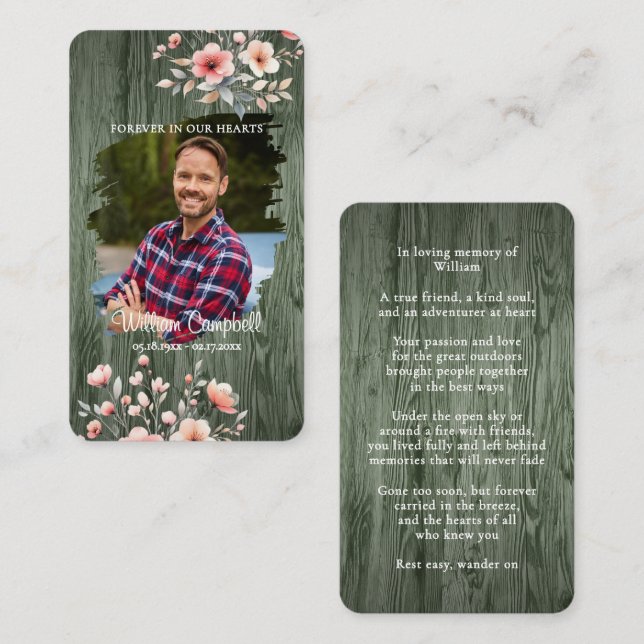 Personalized Rustic Floral Photo Memorial Card (Front/Back)