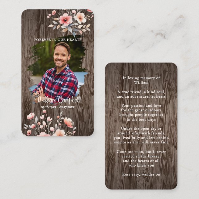 Personalized Rustic Floral Photo Memorial Card (Front/Back)