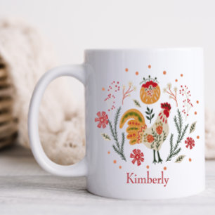 Personalized Rustic Folk Art Rooster Coffee Mug