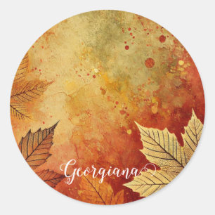 Personalized Rustic Golden Autumnal Distressed Ink Classic Round Sticker