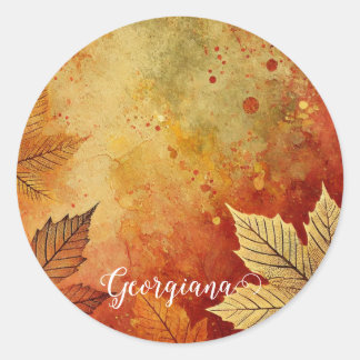 Personalized Rustic Golden Autumnal Distressed Ink Classic Round Sticker