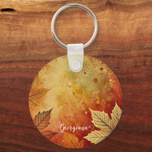 Personalized Rustic Golden Autumnal Distressed Ink Keychain