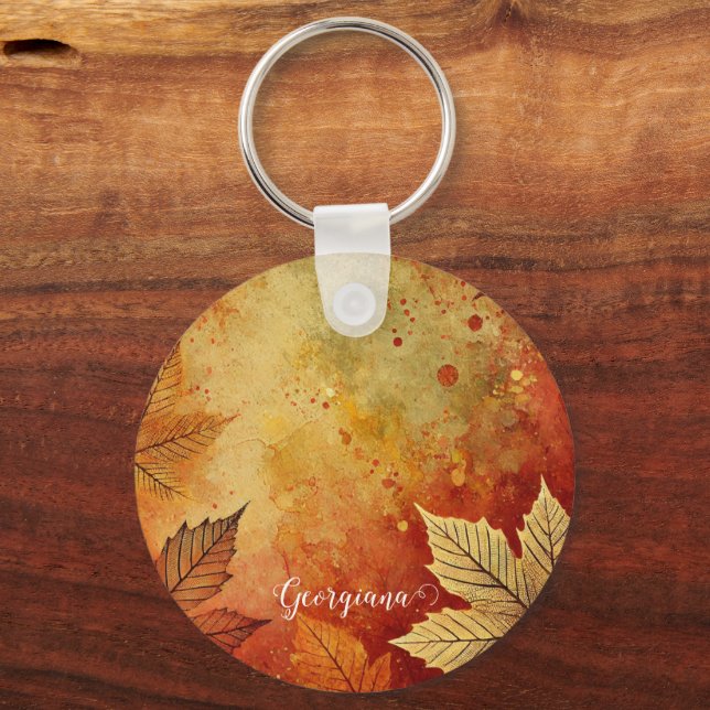 Personalized Rustic Golden Autumnal Distressed Ink Keychain (Front)