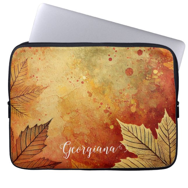 Personalized Rustic Golden Autumnal Distressed Ink Laptop Sleeve (Front)