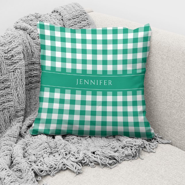 Personalized Rustic Green Plaid Gingham Throw Pillow (Creator Uploaded)