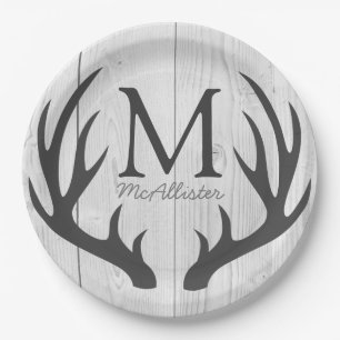 Personalized - Rustic Grey Deer Antlers White Wood Paper Plate